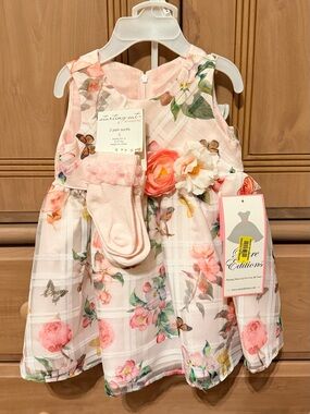 Rare Editions Pink Floral Party Dress with Matching Pink Ruffle Socks